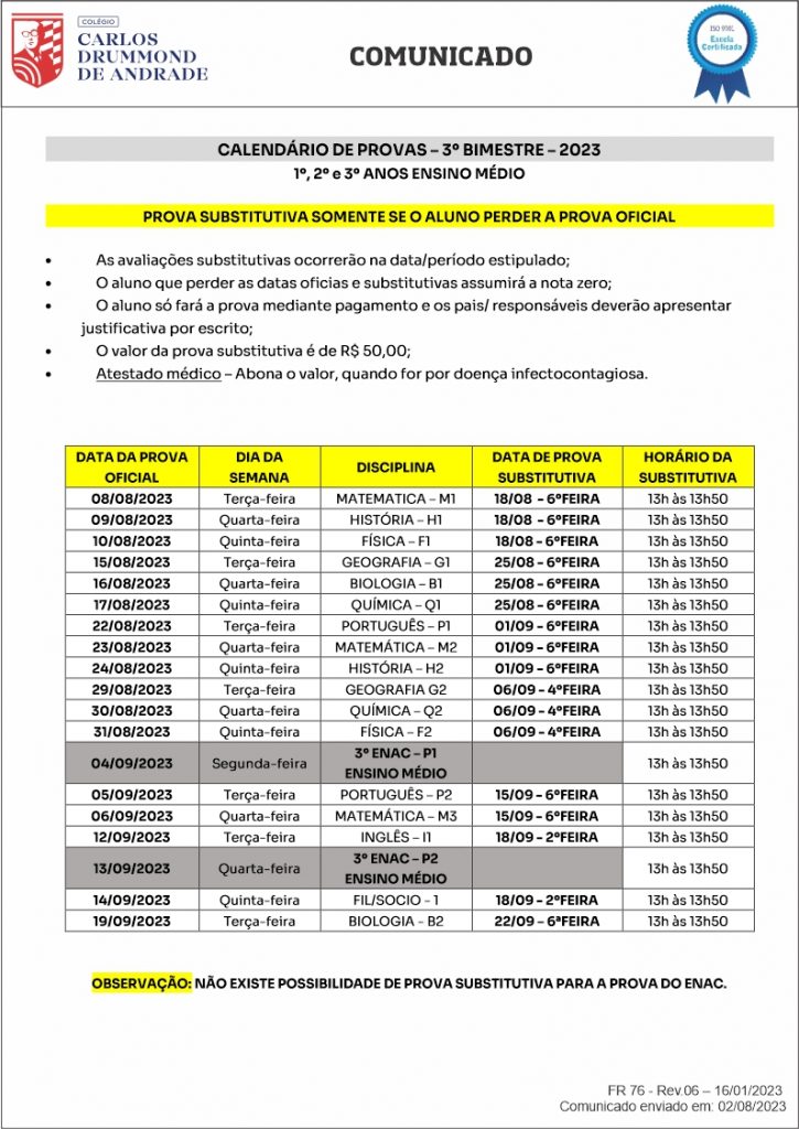 CALENDÁRIO DE PROVAS – 3º BIMESTRE ENSINO MÉDIO – CCDA – Colégio Carlos ...