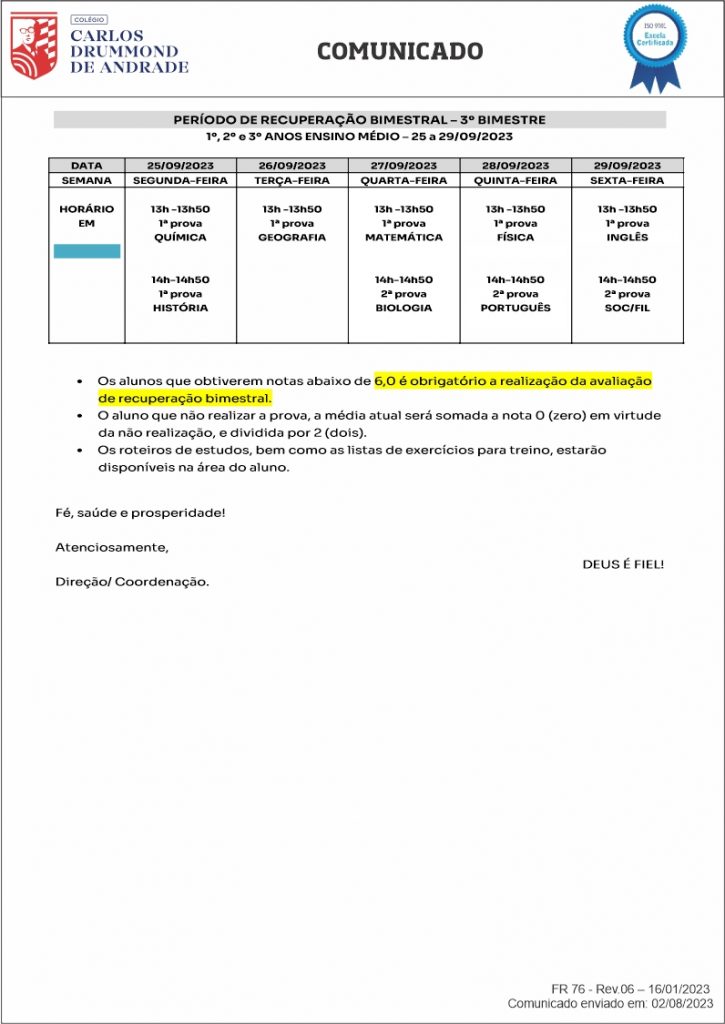 CALENDÁRIO DE PROVAS – 3º BIMESTRE ENSINO MÉDIO – CCDA – Colégio Carlos ...